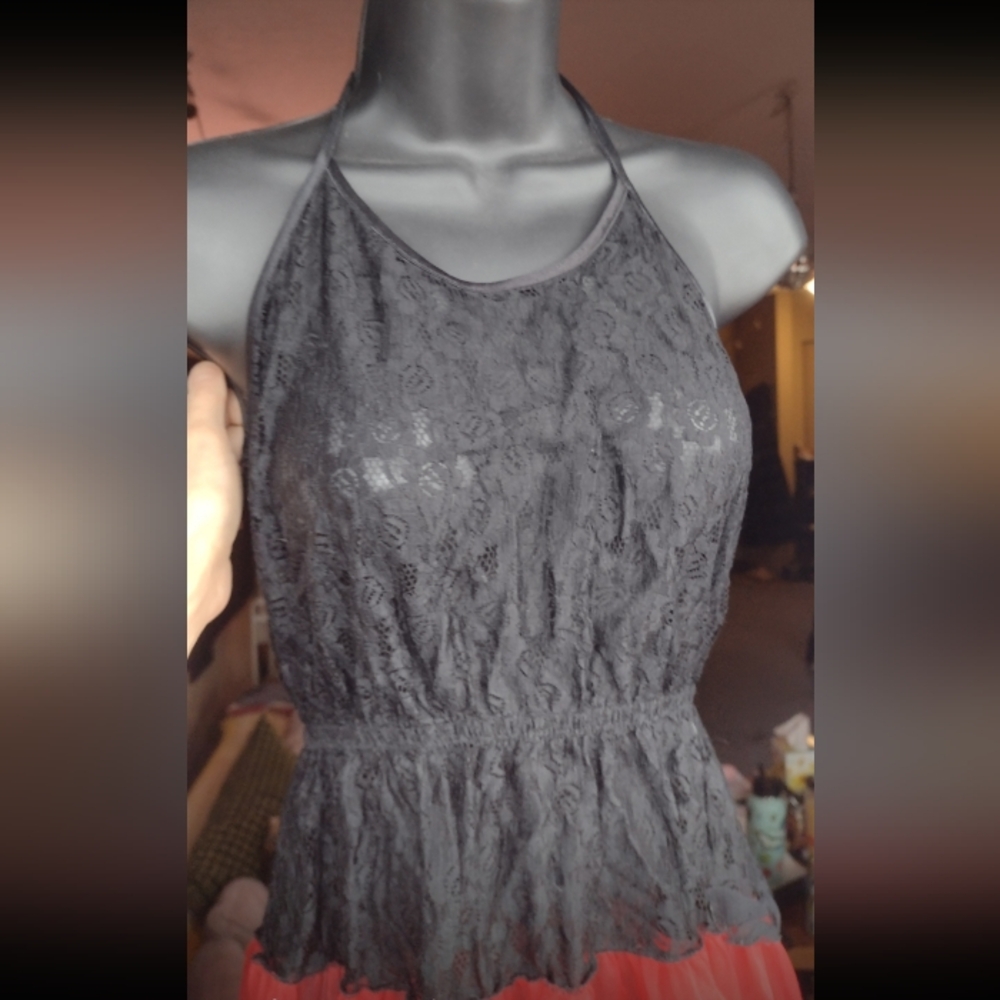 Red & Black Lace Halter Vintage Lingerie Dress